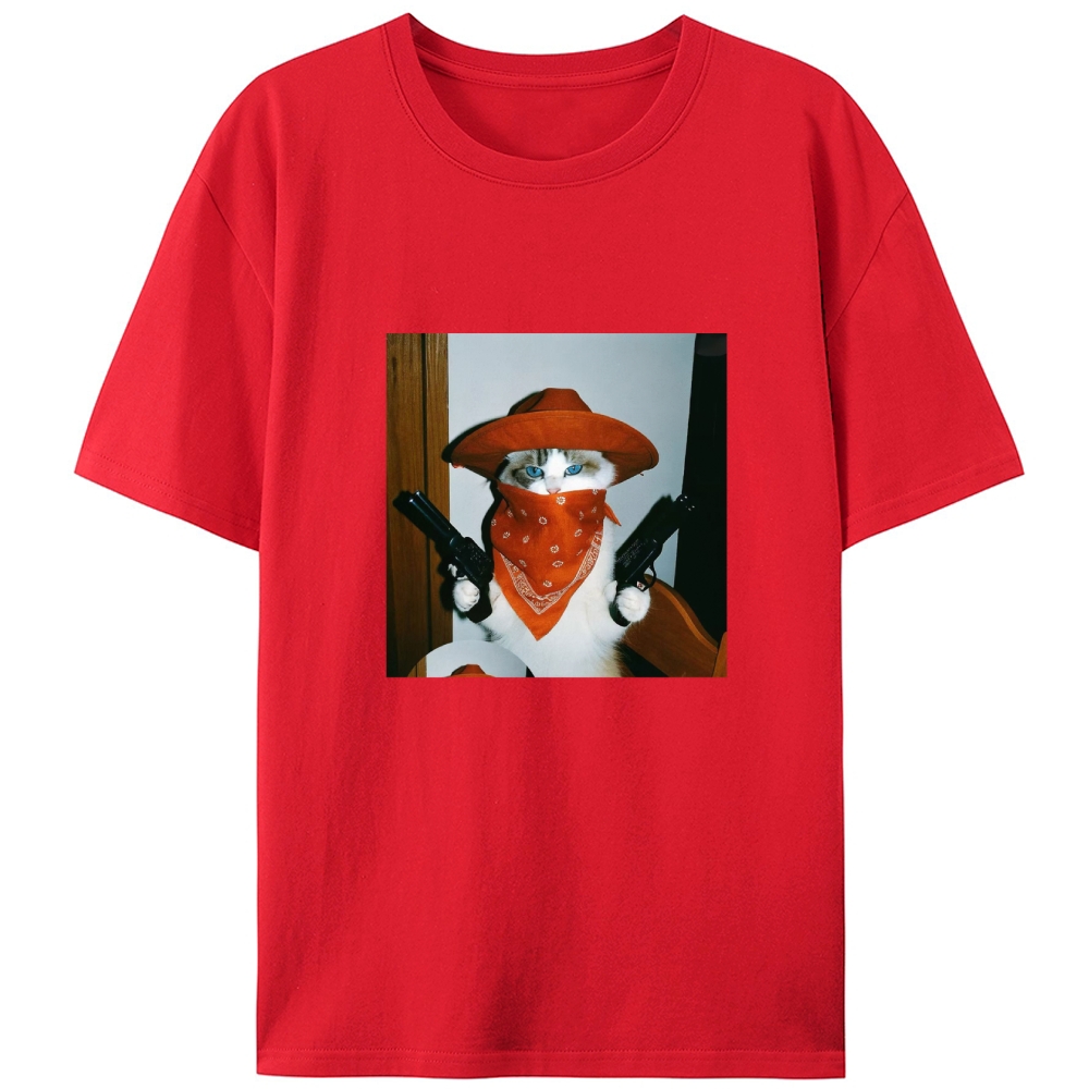 Cowboy Cat With Guns Meme Retro Designed for Women - Slim Fit Cotton Tee