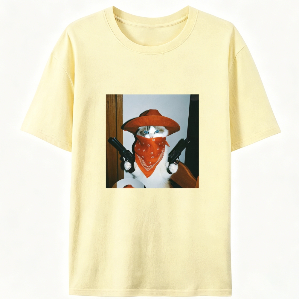 Cowboy Cat With Guns Meme Retro Designed for Women - Slim Fit Cotton Tee