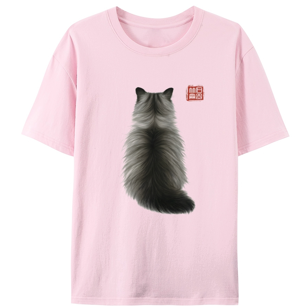 Ink Wash Cat Back Art Retro Designed for Women - Slim Fit Cotton Tee