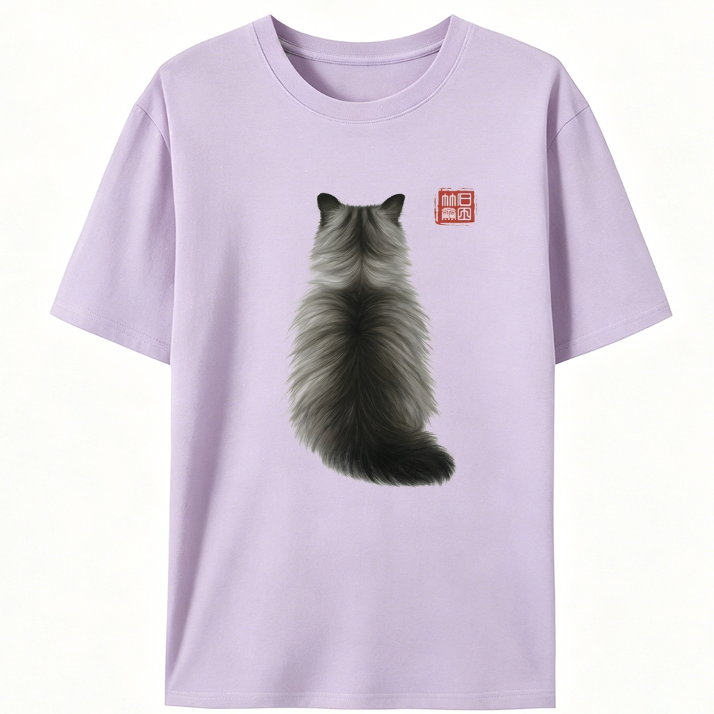 Ink Wash Cat Back Art Retro Designed for Women - Slim Fit Cotton Tee