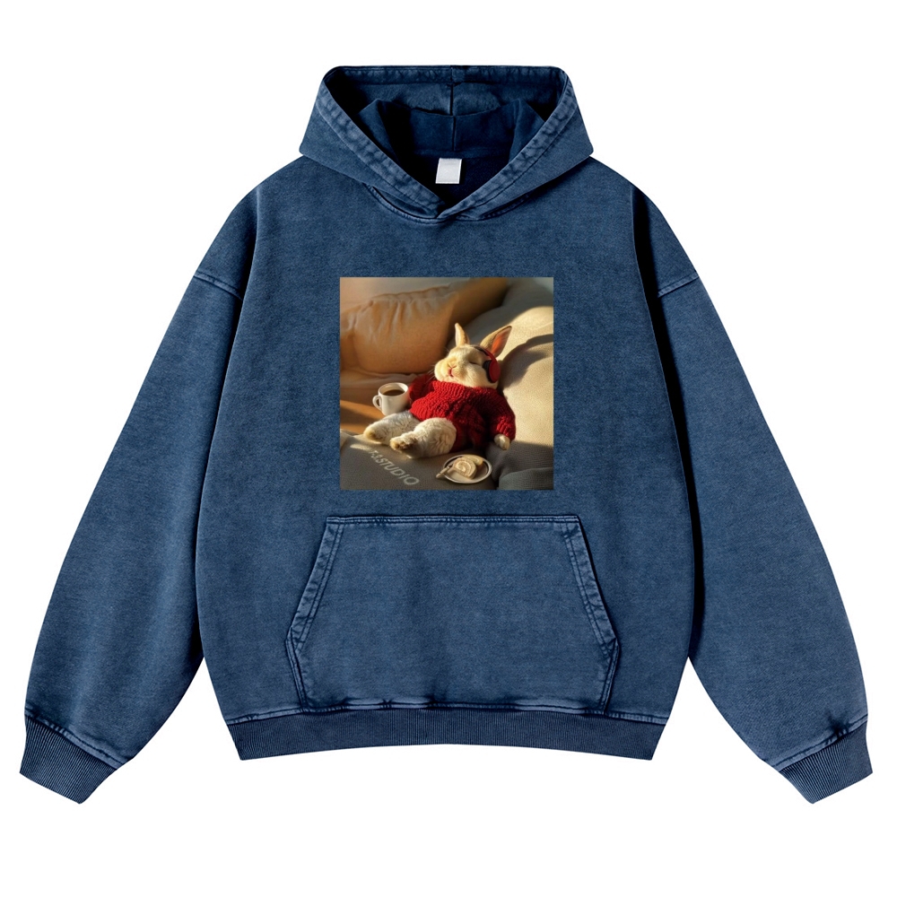 Lazy Coffee Bunny Meme Retro Washed Hoodie
