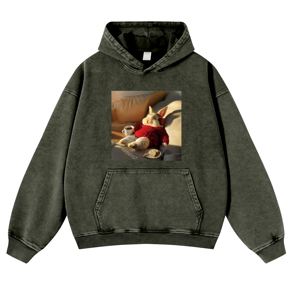 Lazy Coffee Bunny Meme Retro Washed Hoodie