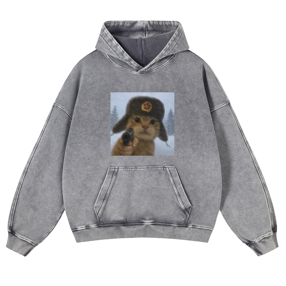 Soviet Ushanka Cat Retro Washed Hoodie