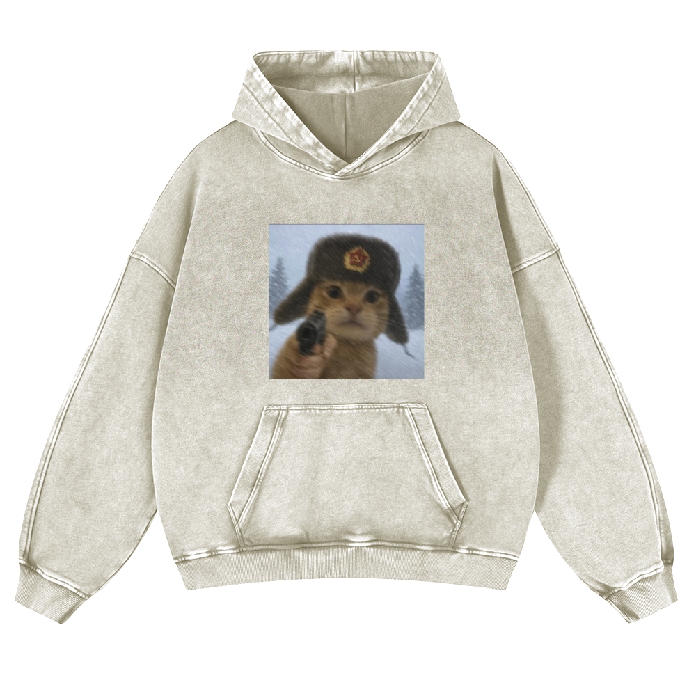 Soviet Ushanka Cat Retro Washed Hoodie