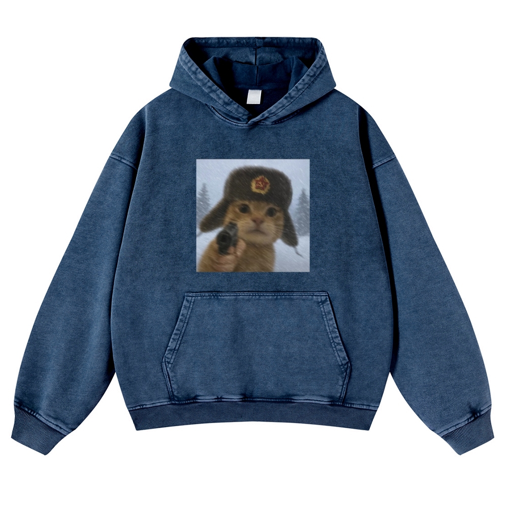 Soviet Ushanka Cat Retro Washed Hoodie