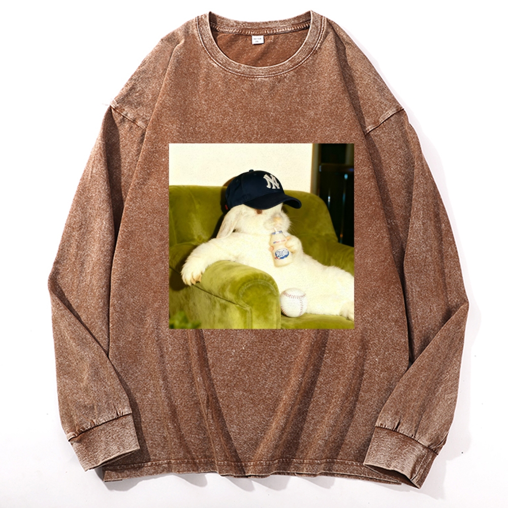Baseball Rabbit No Bat NY Yankees Retro Washed Long Sleeve T-Shirt