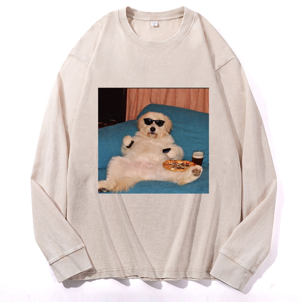 Chill Dog With Pizza Beer Remote Control Meme Retro Washed Long Sleeve T-Shirt