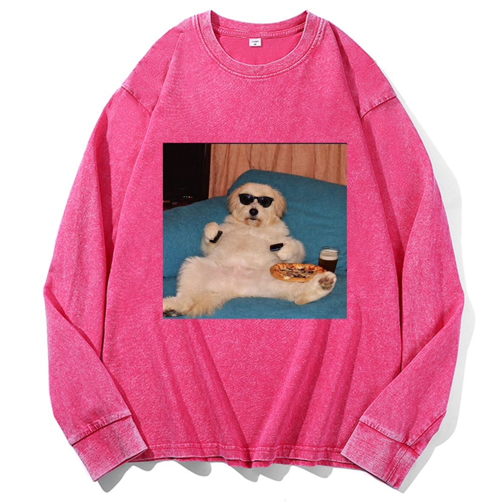 Chill Dog With Pizza Beer Remote Control Meme Retro Washed Long Sleeve T-Shirt