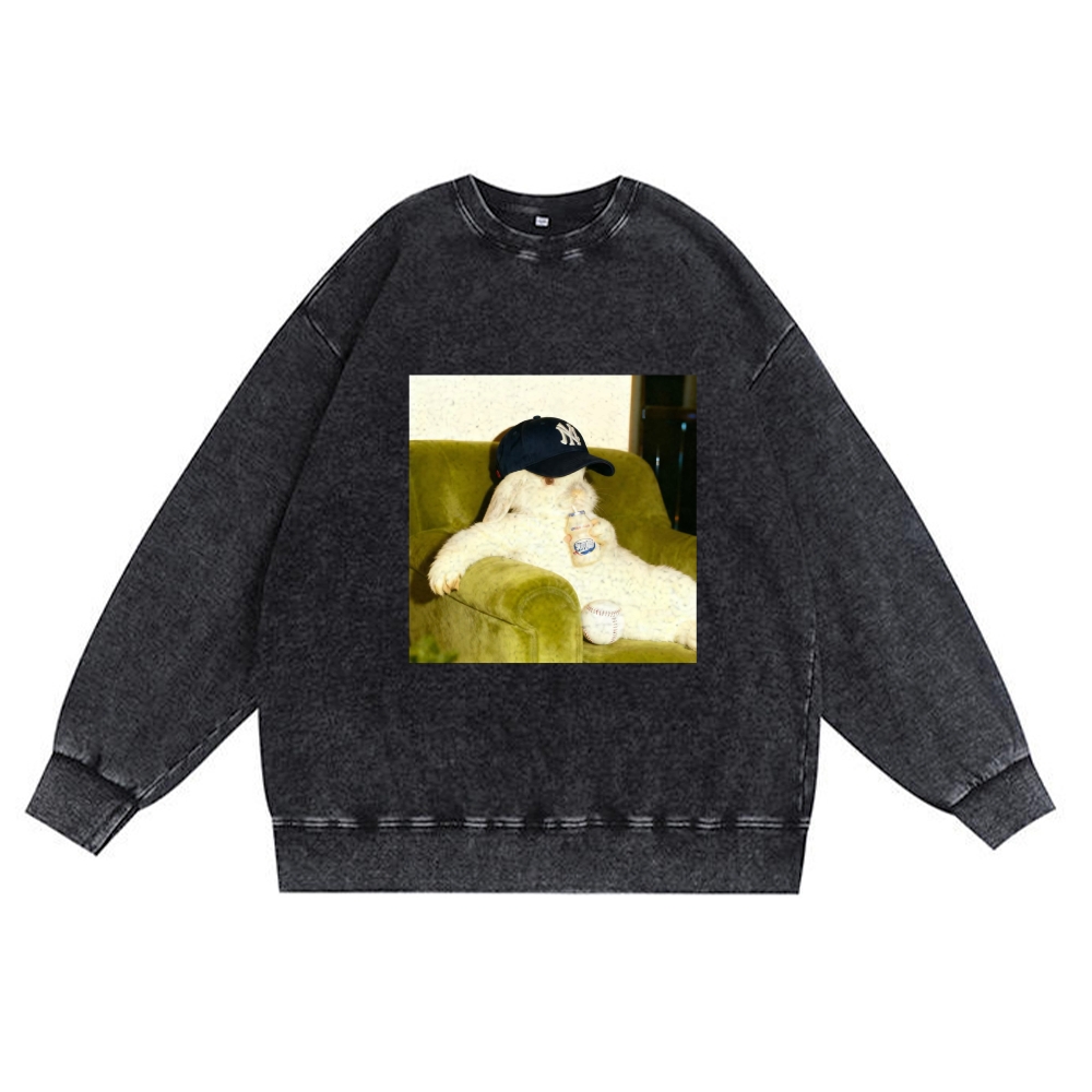 Baseball Rabbit No Bat NY Yankees Retro Premium Washed Cotton Crewneck Sweatshirt