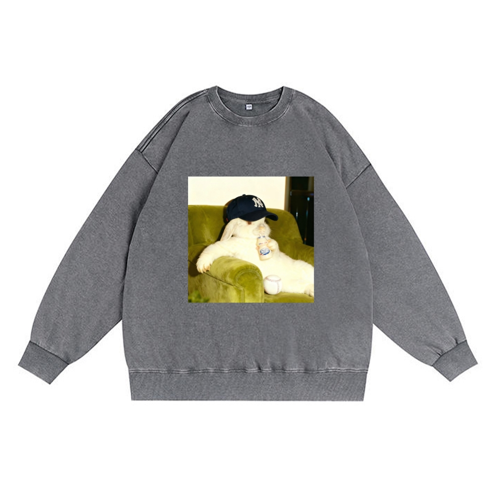 Baseball Rabbit No Bat NY Yankees Retro Premium Washed Cotton Crewneck Sweatshirt