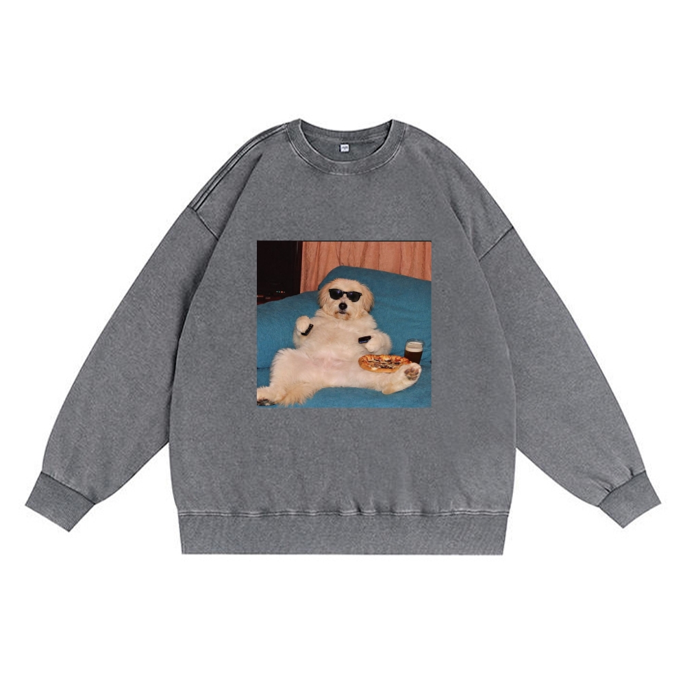 Chill Dog With Pizza Beer Remote Control Meme Retro Premium Washed Cotton Crewneck Sweatshirt