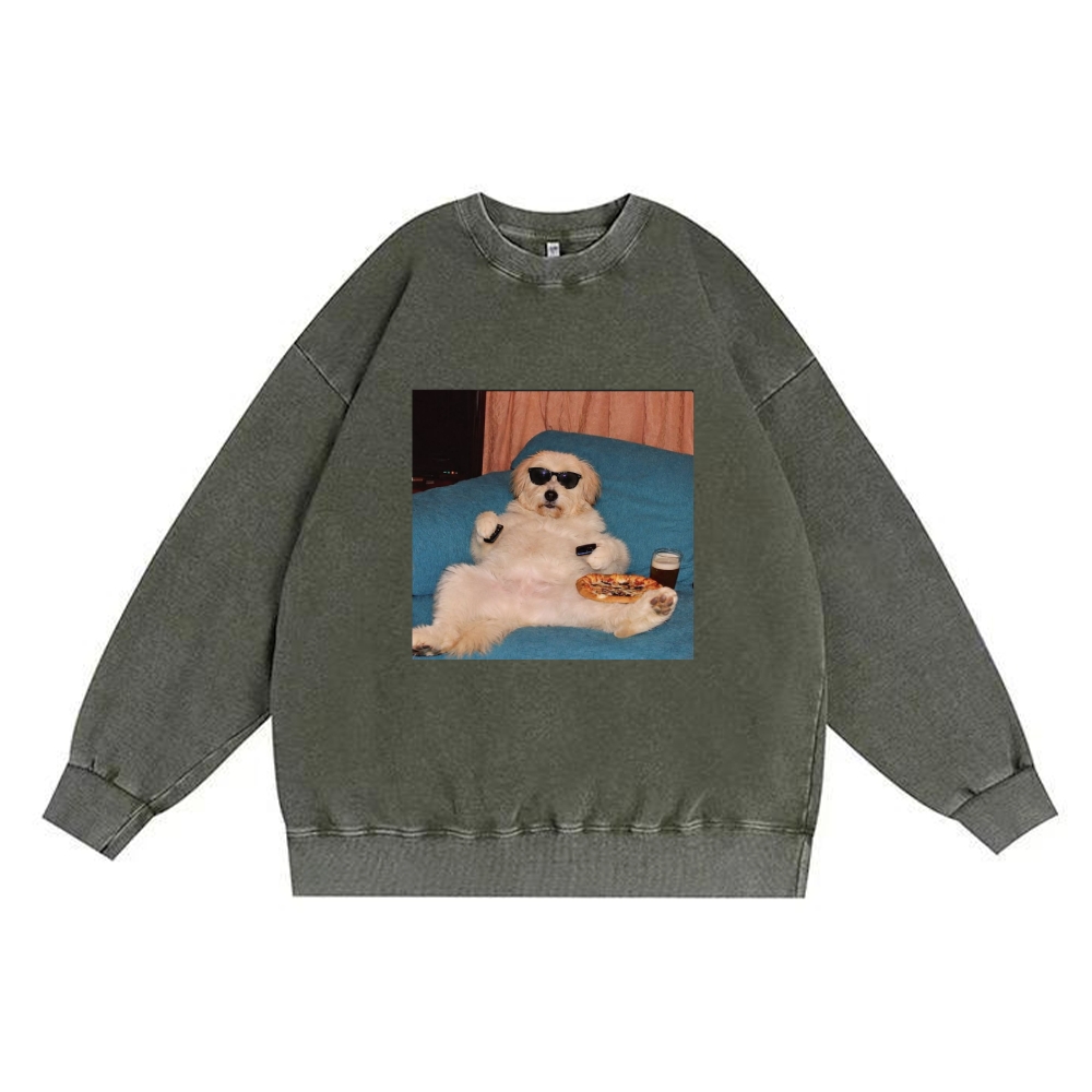 Chill Dog With Pizza Beer Remote Control Meme Retro Premium Washed Cotton Crewneck Sweatshirt