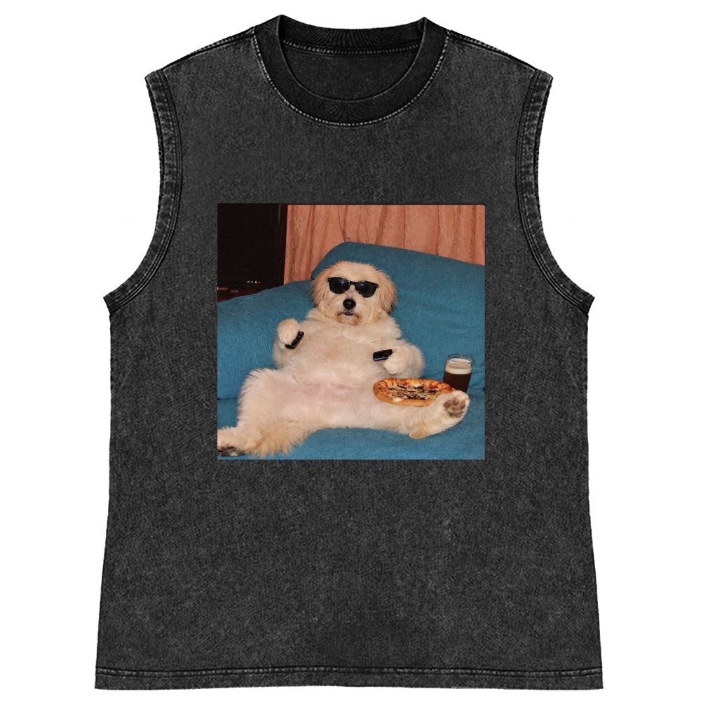 Chill Dog With Pizza Beer Remote Control Meme Retro Washed Tank Top
