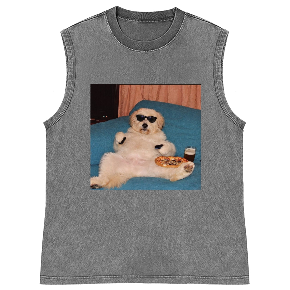 Chill Dog With Pizza Beer Remote Control Meme Retro Washed Tank Top