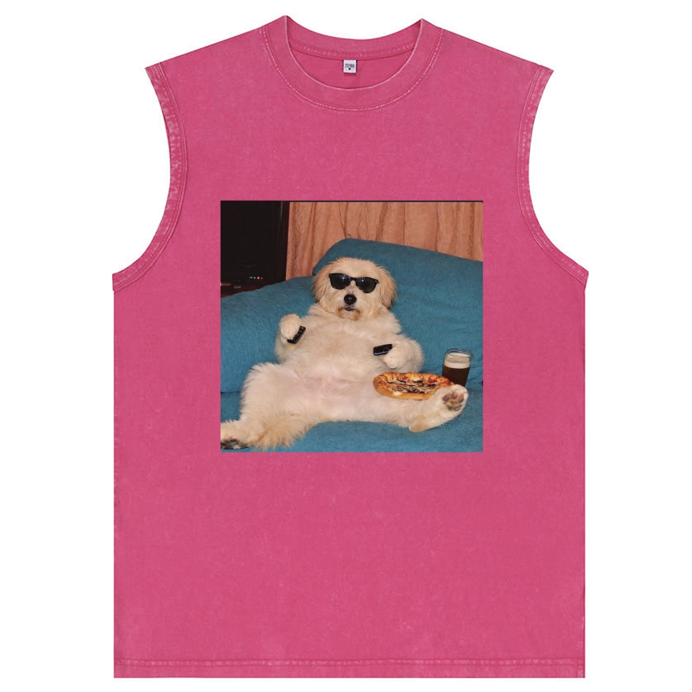 Chill Dog With Pizza Beer Remote Control Meme Retro Washed Tank Top