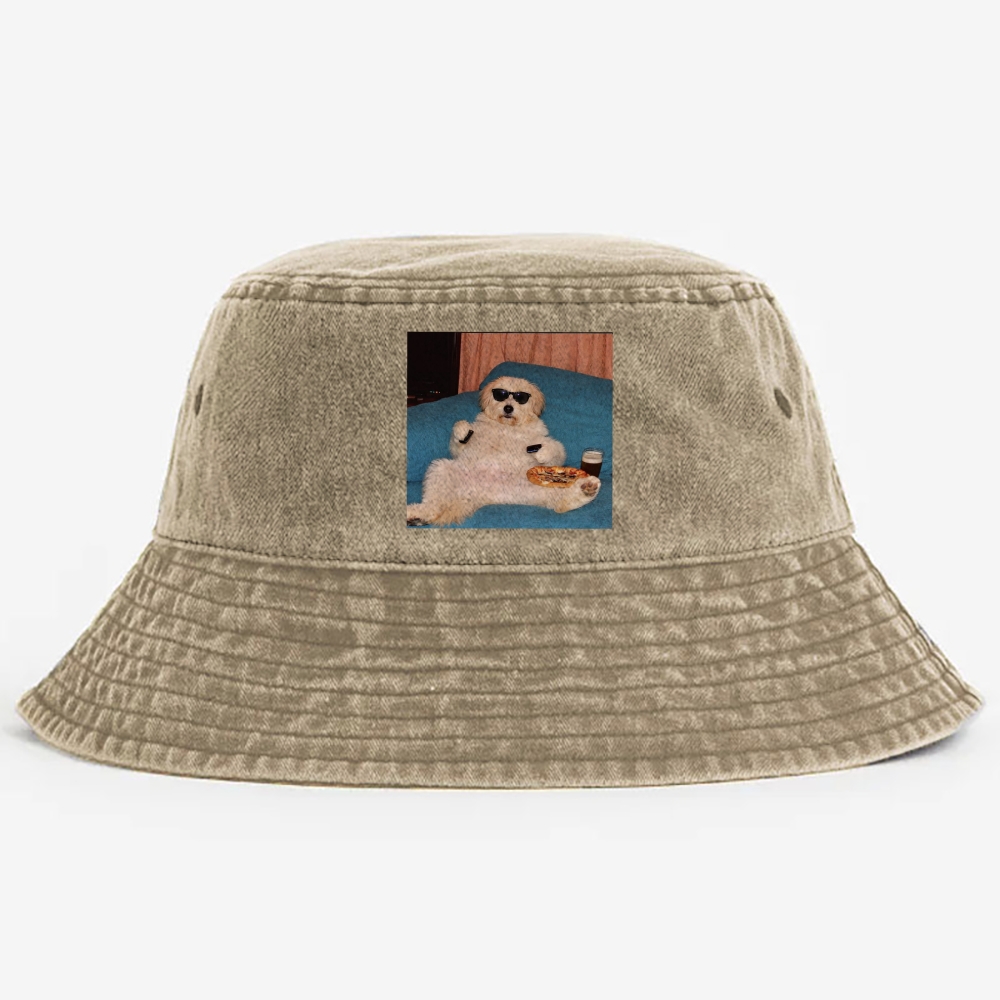 Chill Dog With Pizza Beer Remote Control Meme Retro Washed Bucket Hat