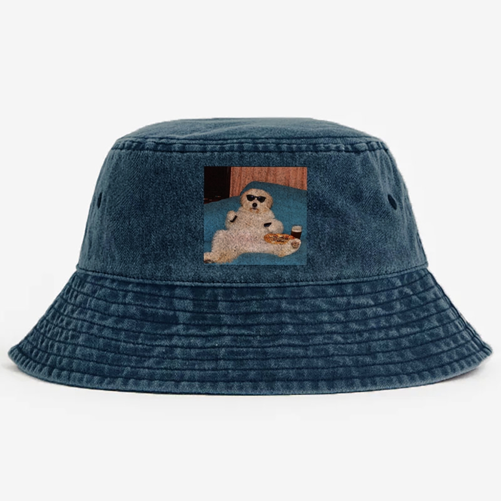 Chill Dog With Pizza Beer Remote Control Meme Retro Washed Bucket Hat