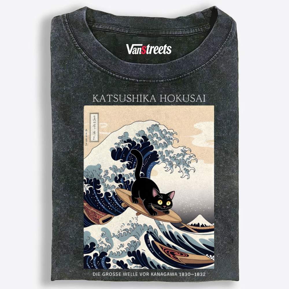 Black Cat Surfing the Great Wave Retro Washed T-Shirt | 100% Cotton | Streetwear Essential