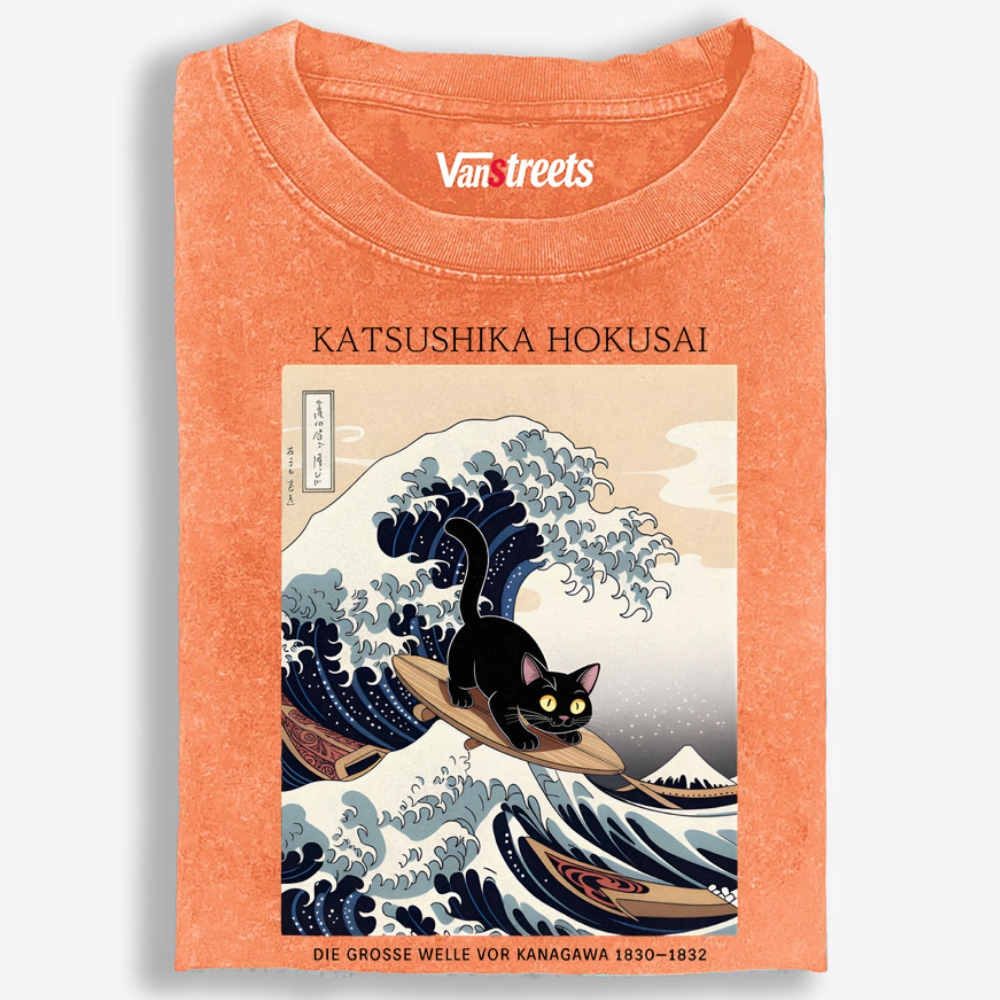 Black Cat Surfing the Great Wave Retro Washed T-Shirt | 100% Cotton | Streetwear Essential
