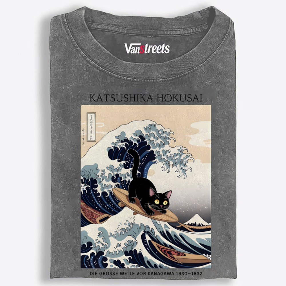 Black Cat Surfing the Great Wave Retro Washed T-Shirt | 100% Cotton | Streetwear Essential