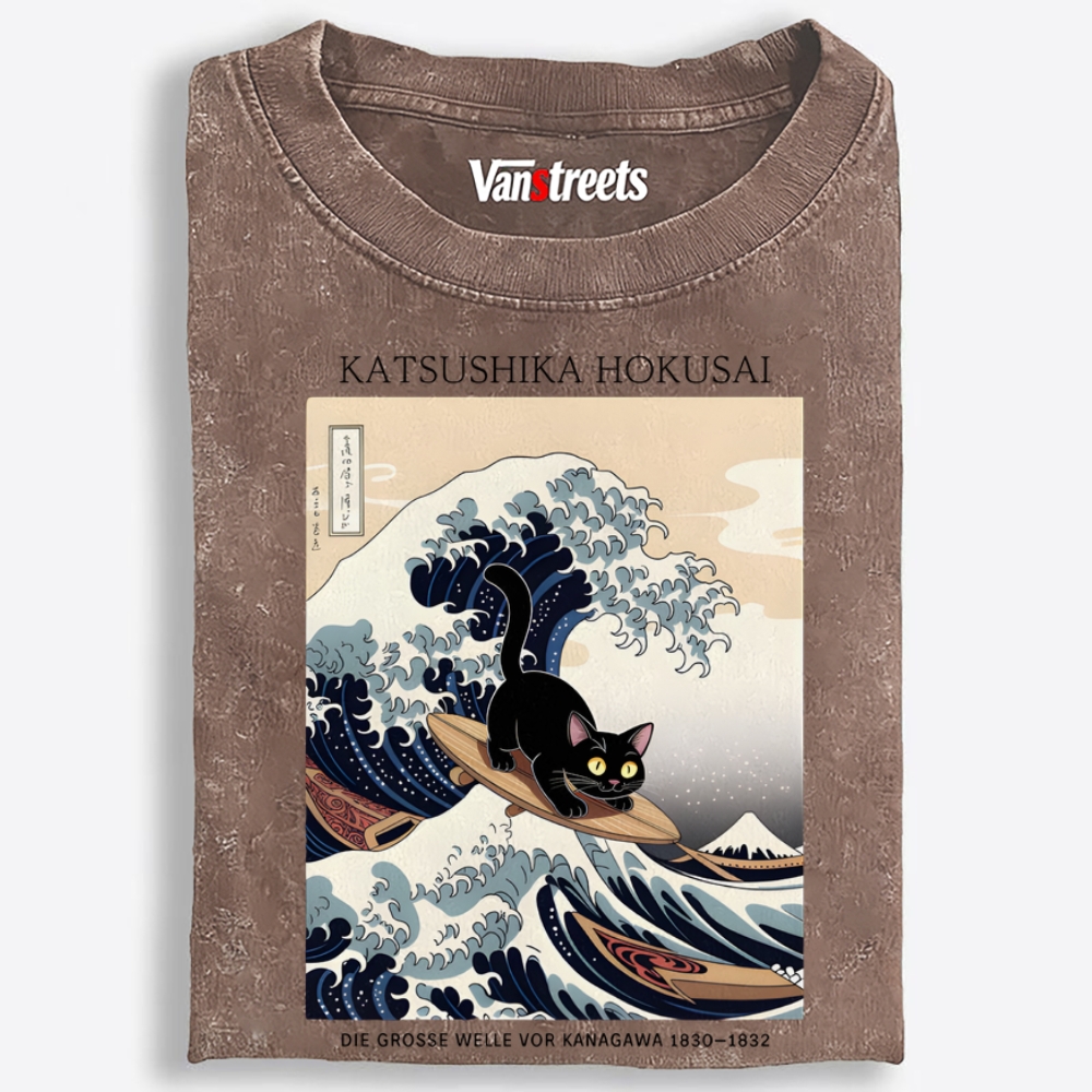 Black Cat Surfing the Great Wave Retro Washed T-Shirt | 100% Cotton | Streetwear Essential