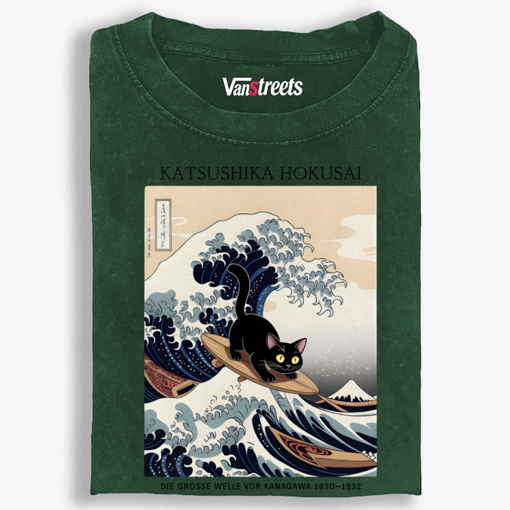 Black Cat Surfing the Great Wave Retro Washed T-Shirt | 100% Cotton | Streetwear Essential