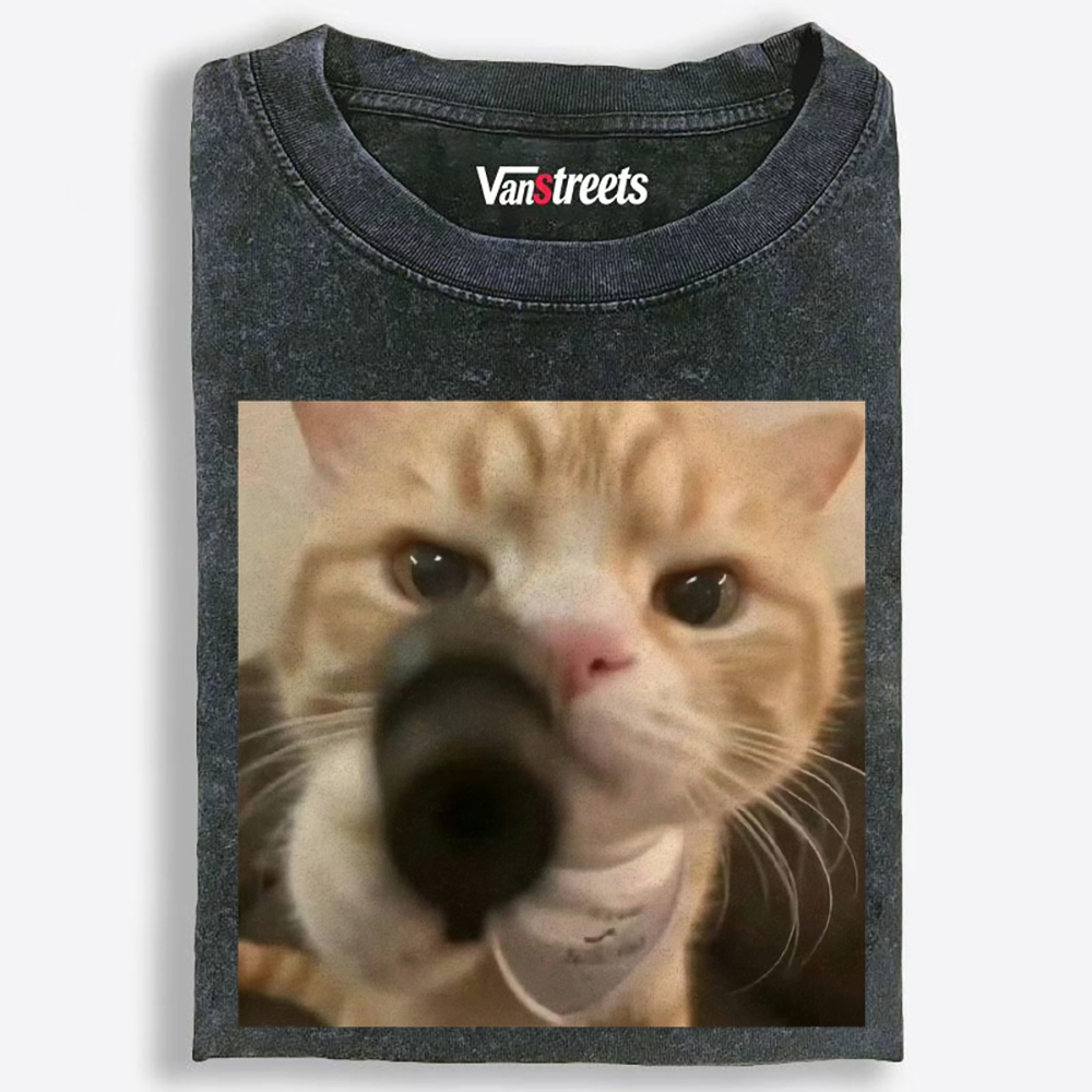 Cat With A Gun Retro Washed T-Shirt | 100% Cotton | Streetwear Essential