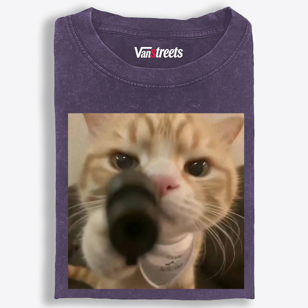Cat With A Gun Retro Washed T-Shirt | 100% Cotton | Streetwear Essential