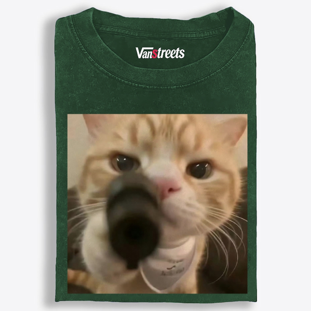 Cat With A Gun Retro Washed T-Shirt | 100% Cotton | Streetwear Essential