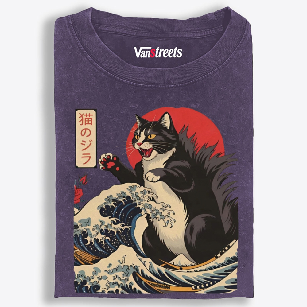 Ukiyo-e Godzilla Cat Retro Washed T-Shirt | 100% Cotton | Streetwear Essential