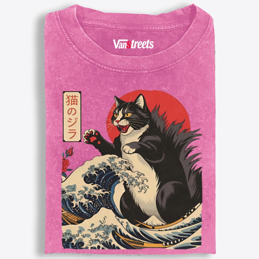 Ukiyo-e Godzilla Cat Retro Washed T-Shirt | 100% Cotton | Streetwear Essential