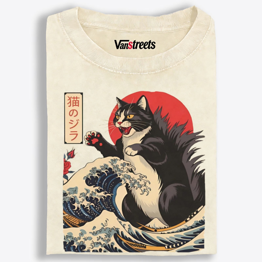 Ukiyo-e Godzilla Cat Retro Washed T-Shirt | 100% Cotton | Streetwear Essential