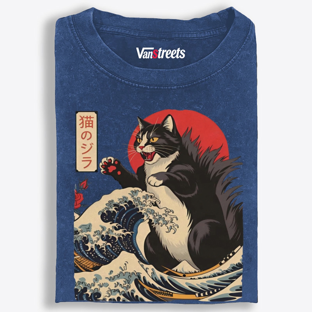 Ukiyo-e Godzilla Cat Retro Washed T-Shirt | 100% Cotton | Streetwear Essential