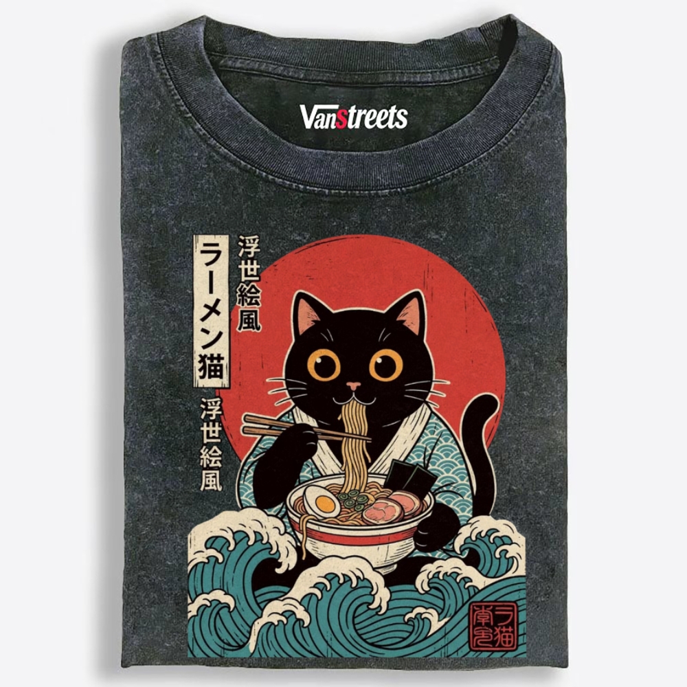 Ukiyo-e Ramen Cat Retro Washed T-Shirt | 100% Cotton | Streetwear Essential