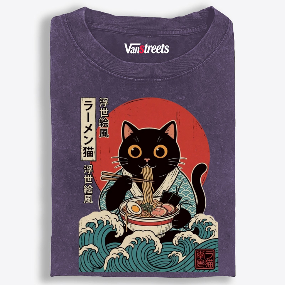 Ukiyo-e Ramen Cat Retro Washed T-Shirt | 100% Cotton | Streetwear Essential