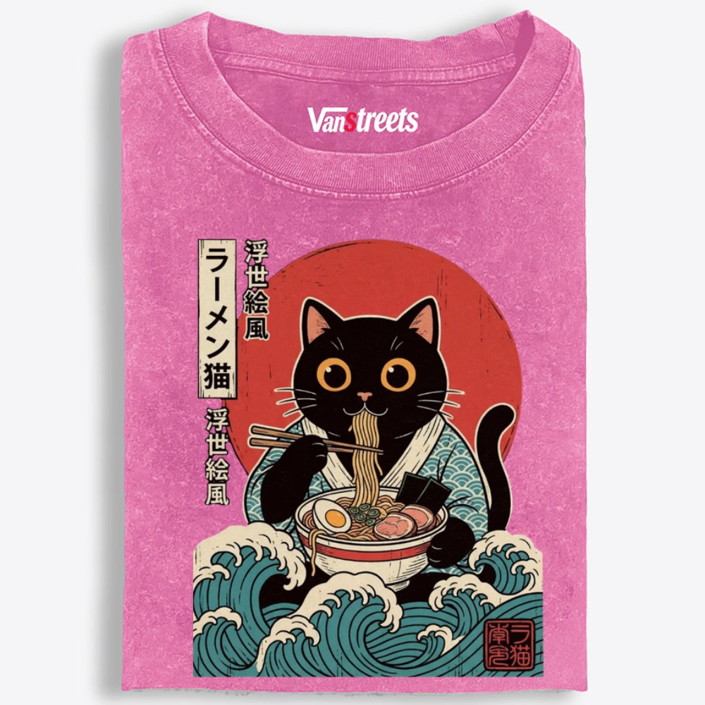 Ukiyo-e Ramen Cat Retro Washed T-Shirt | 100% Cotton | Streetwear Essential