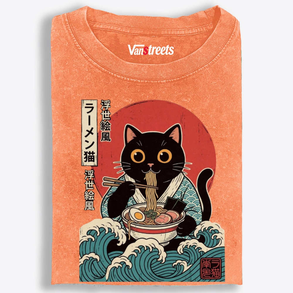 Ukiyo-e Ramen Cat Retro Washed T-Shirt | 100% Cotton | Streetwear Essential