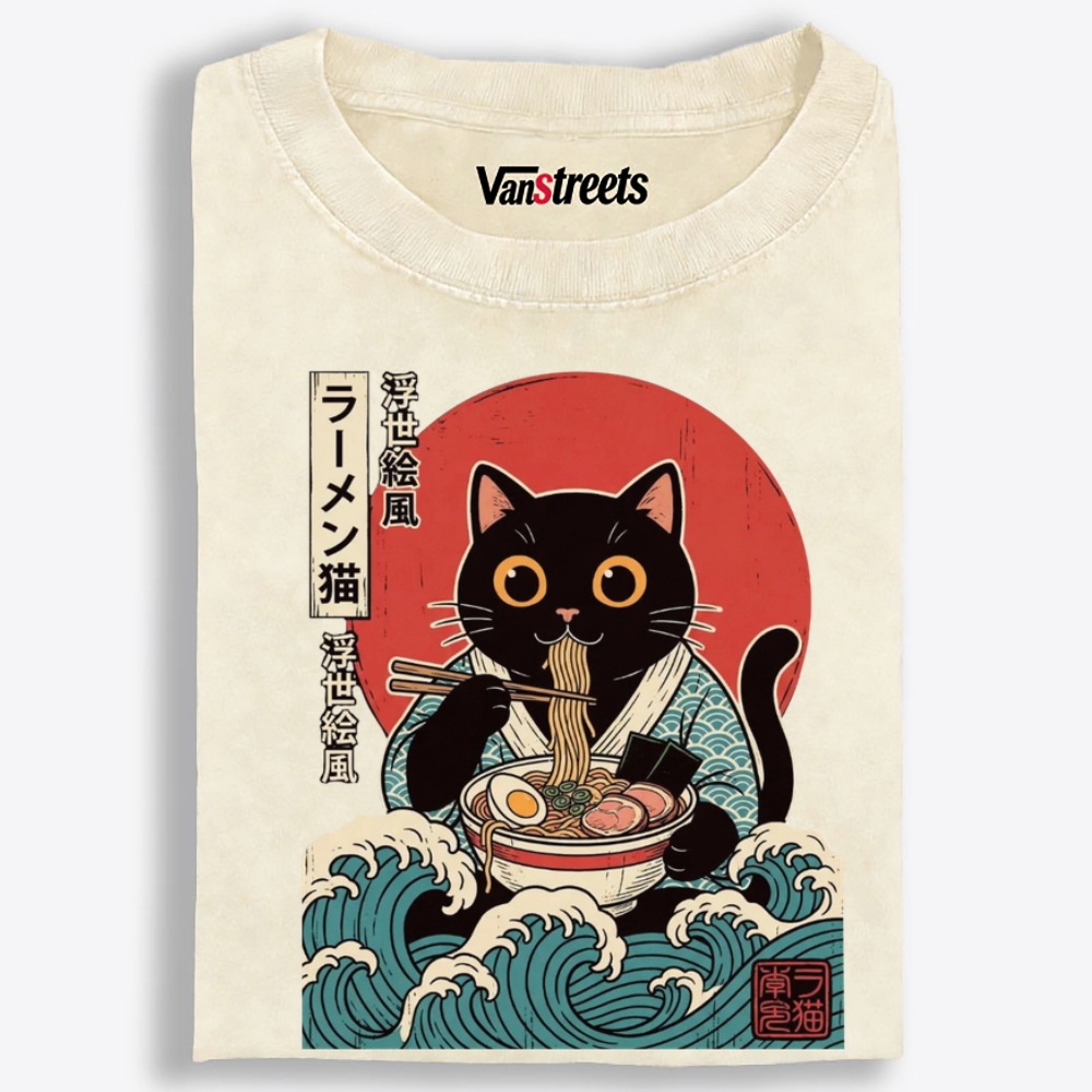 Ukiyo-e Ramen Cat Retro Washed T-Shirt | 100% Cotton | Streetwear Essential