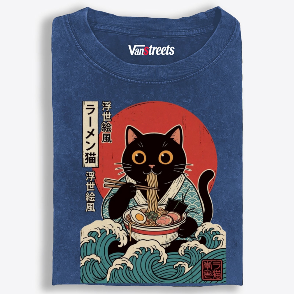 Ukiyo-e Ramen Cat Retro Washed T-Shirt | 100% Cotton | Streetwear Essential