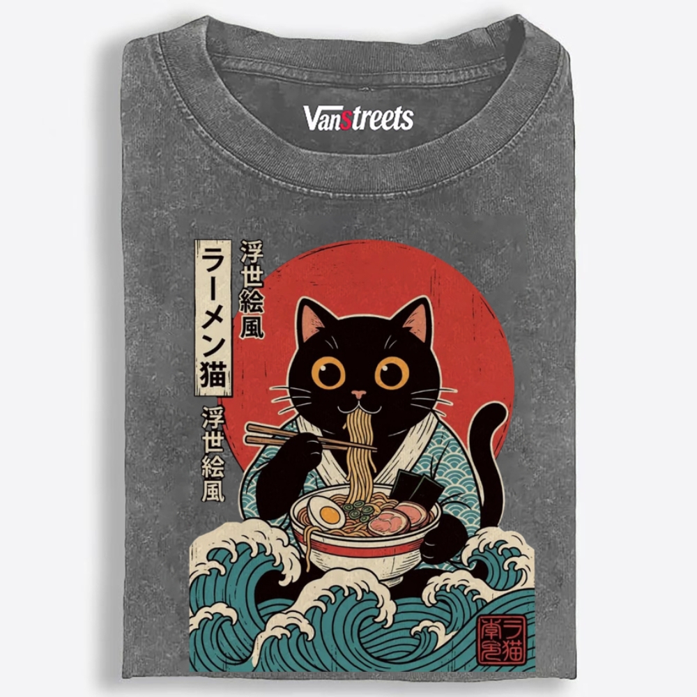 Ukiyo-e Ramen Cat Retro Washed T-Shirt | 100% Cotton | Streetwear Essential