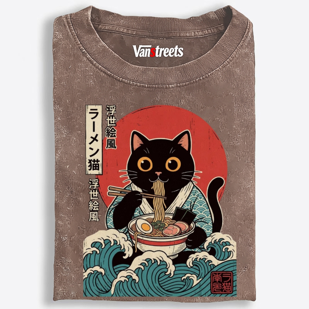 Ukiyo-e Ramen Cat Retro Washed T-Shirt | 100% Cotton | Streetwear Essential