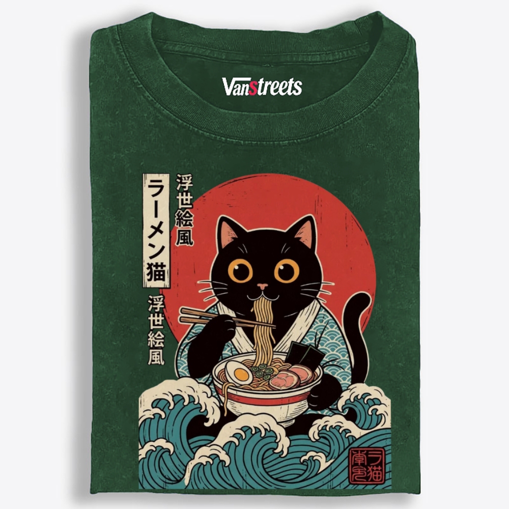 Ukiyo-e Ramen Cat Retro Washed T-Shirt | 100% Cotton | Streetwear Essential