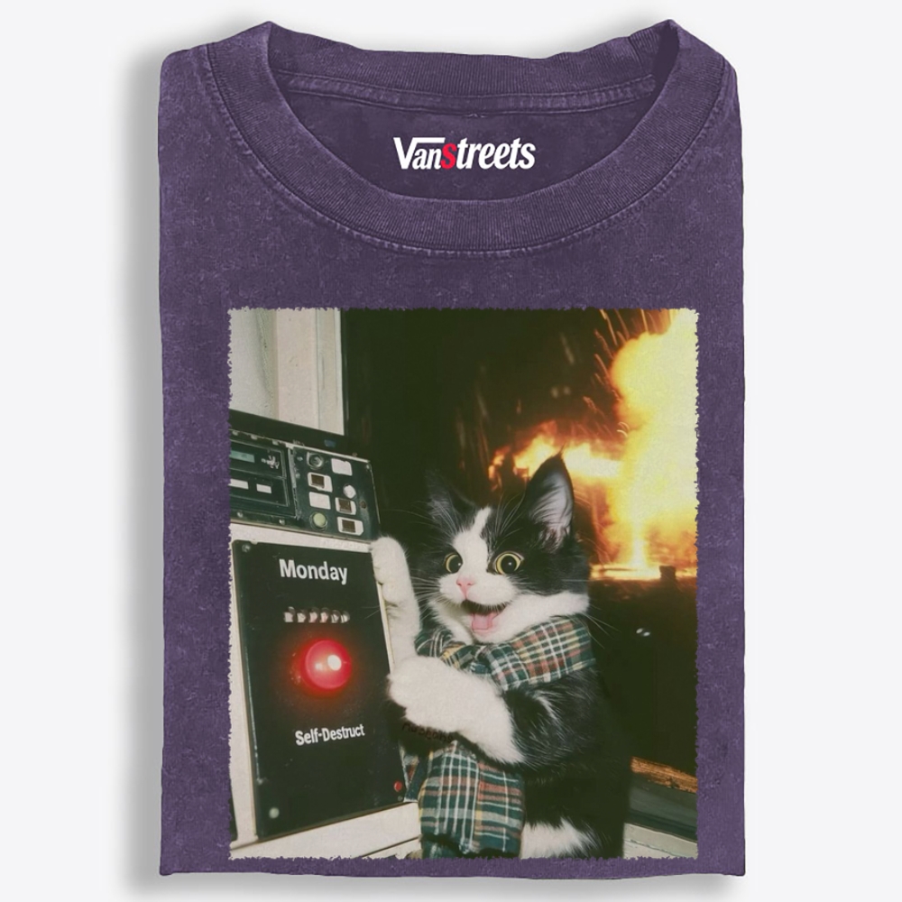Monday Self-Destruct Cat Retro Washed T-Shirt | 100% Cotton | Streetwear Essential