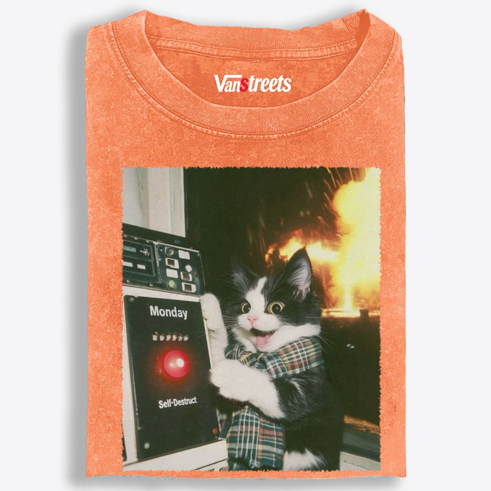 Monday Self-Destruct Cat Retro Washed T-Shirt | 100% Cotton | Streetwear Essential