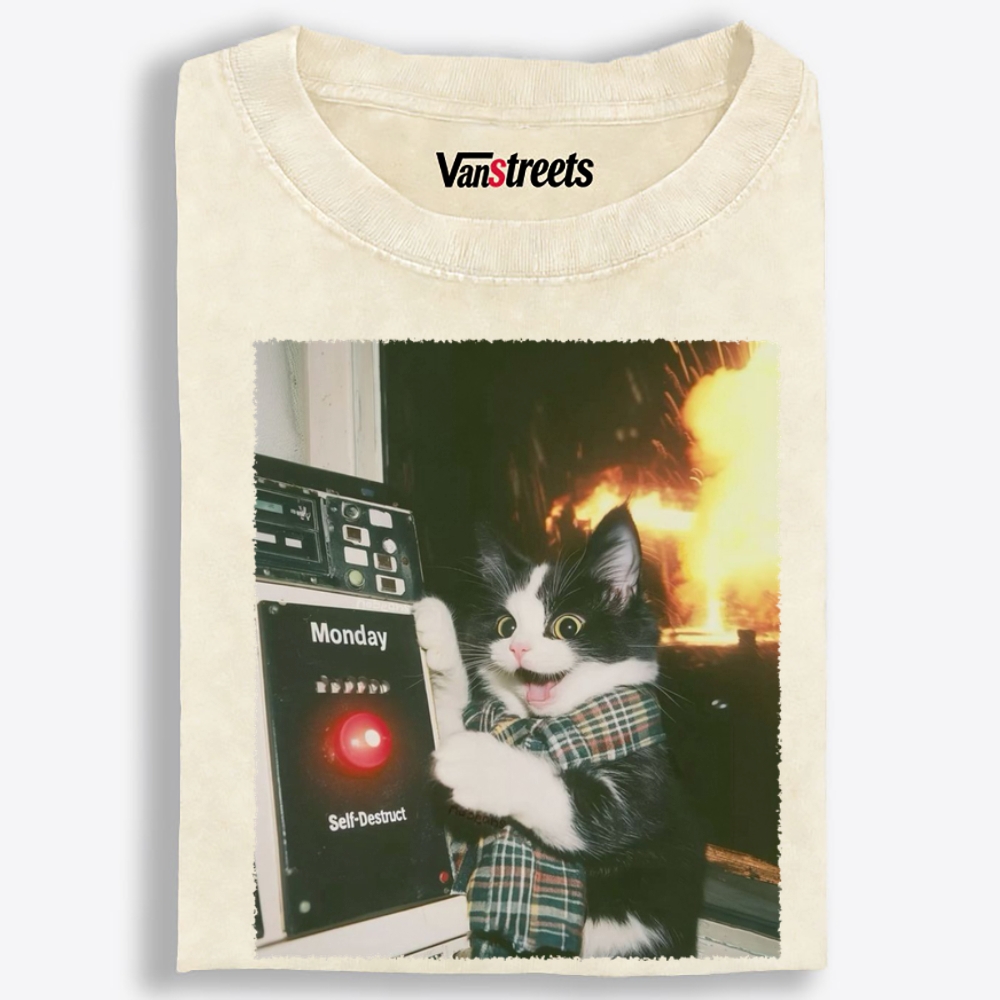 Monday Self-Destruct Cat Retro Washed T-Shirt | 100% Cotton | Streetwear Essential
