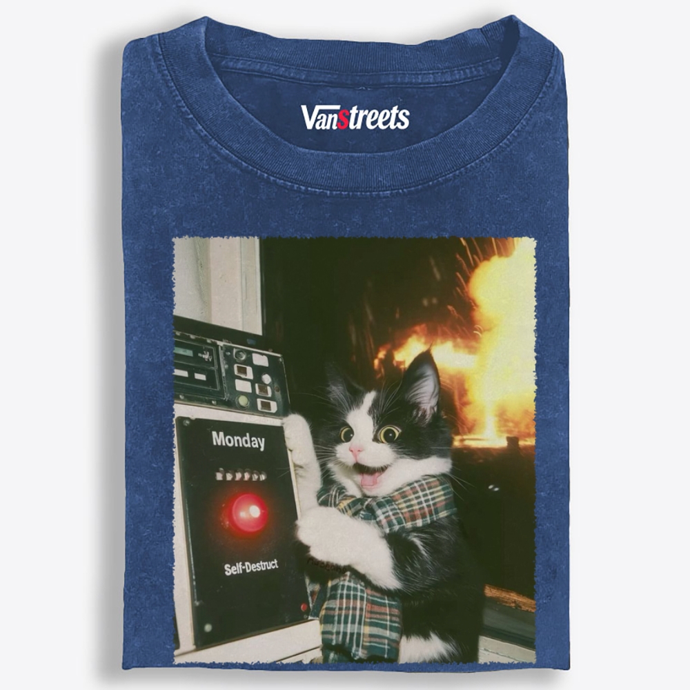 Monday Self-Destruct Cat Retro Washed T-Shirt | 100% Cotton | Streetwear Essential