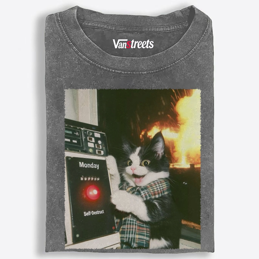 Monday Self-Destruct Cat Retro Washed T-Shirt | 100% Cotton | Streetwear Essential