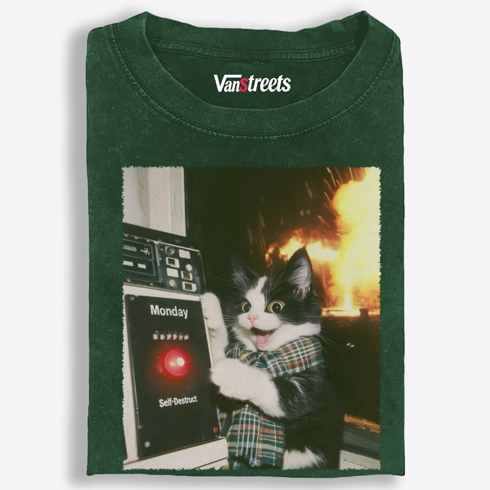 Monday Self-Destruct Cat Retro Washed T-Shirt | 100% Cotton | Streetwear Essential