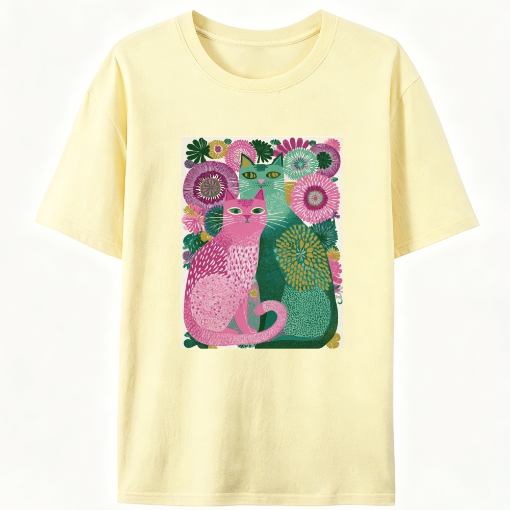 Floral Cats Retro Designed for Women - Slim Fit Cotton Tee