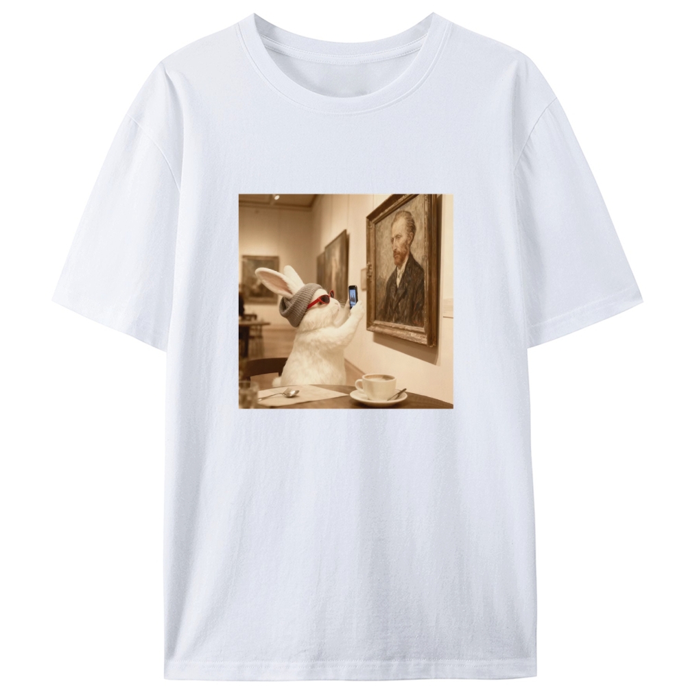 Art Bunny Taking Selfie With Van Gogh Meme Retro Designed for Women - Slim Fit Cotton Tee